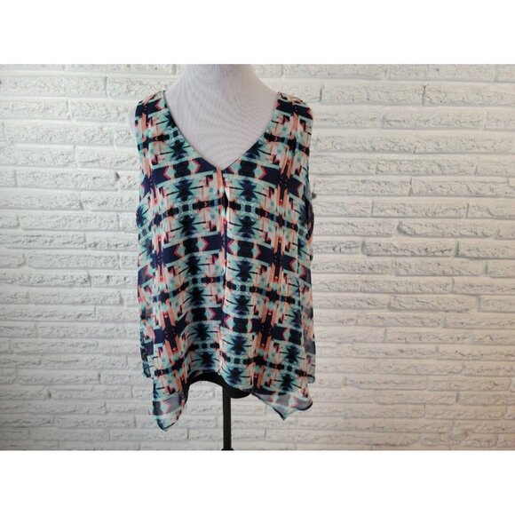 NY Collection WomenTop Extra Large Tank Polyester Split Front Blue GEO233E - Picture 1 of 9